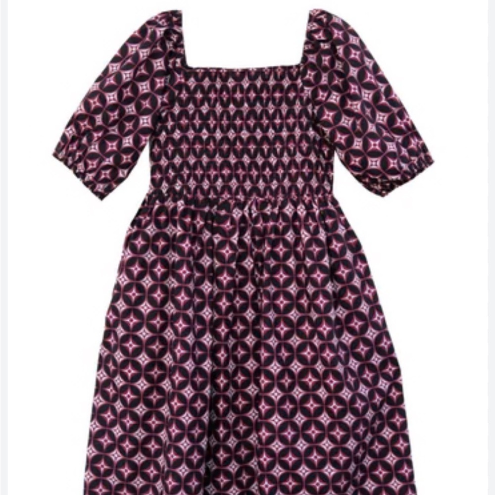 Smocked Square-Neck Midi Dress in Plum Geometric Print